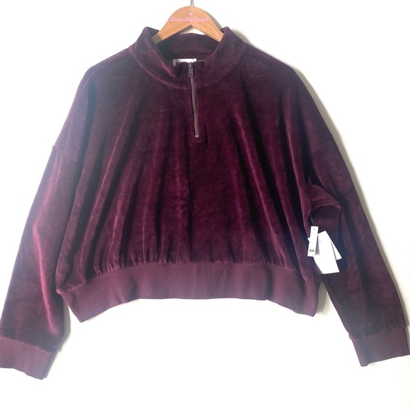 (A6) Nordstrom Abound Velvet Velour Quarter Zip Crop Top Burgundy Stem Wine, 3X - Picture 9 of 10